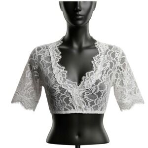New 3XL White Lace Dirndl Blouse Undershirt Top Stretchy V Neck Crop
